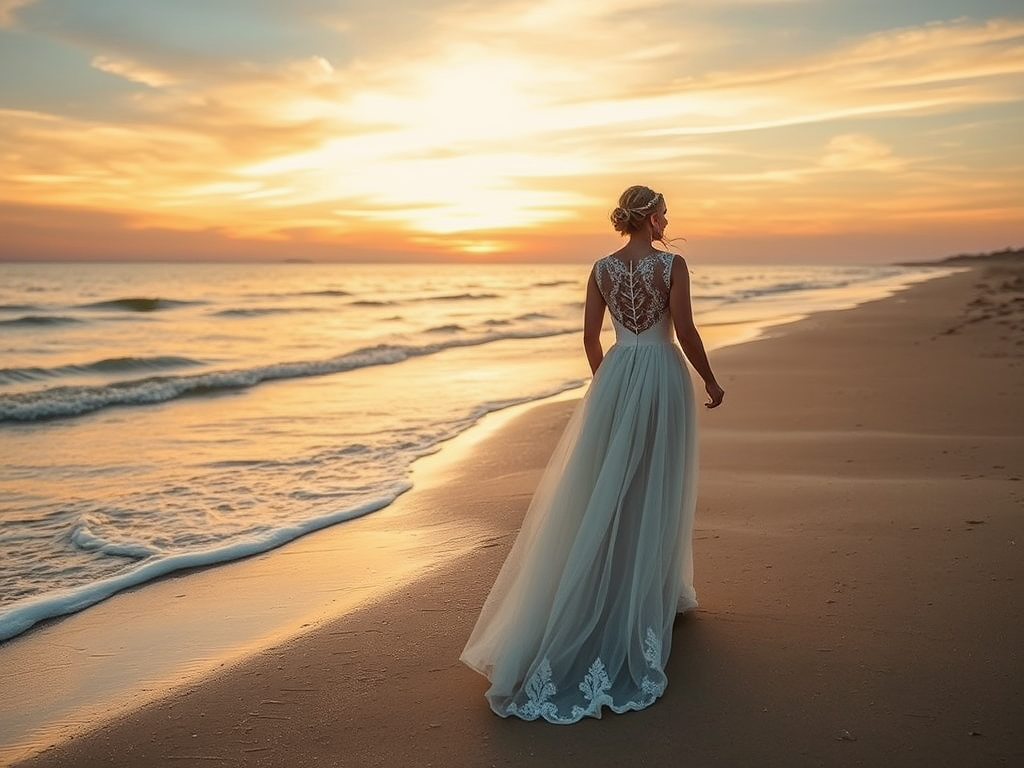 Une femme en robe de mariée marche sur la plage au coucher du soleil, les vagues caressant le rivage.