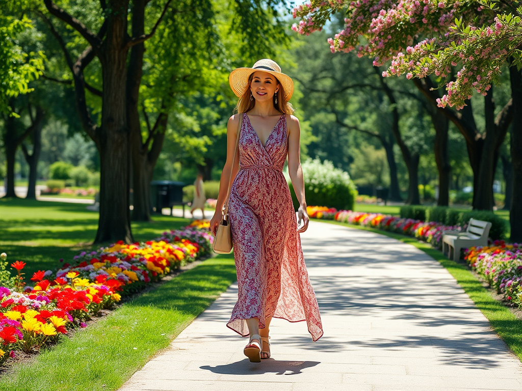 Une femme en robe longue marche dans un parc fleuri sous le soleil, portant un chapeau élégant.