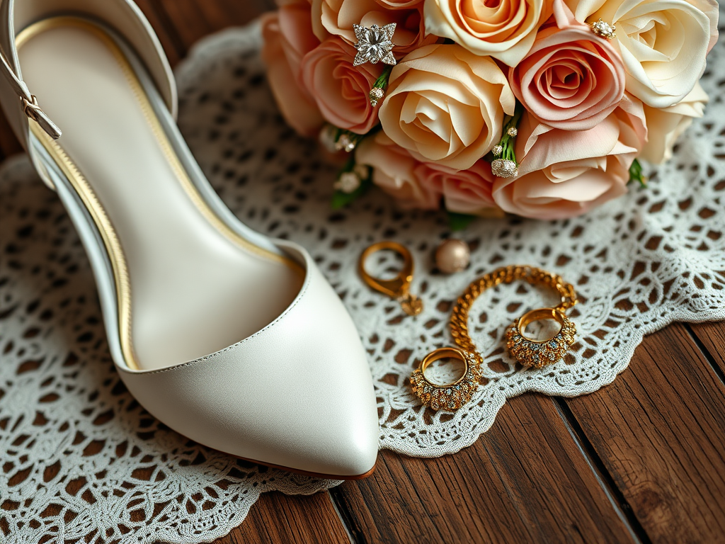 Une chaussure blanche élégante, un bouquet de roses et des bijoux dorés sur une nappe en dentelle.