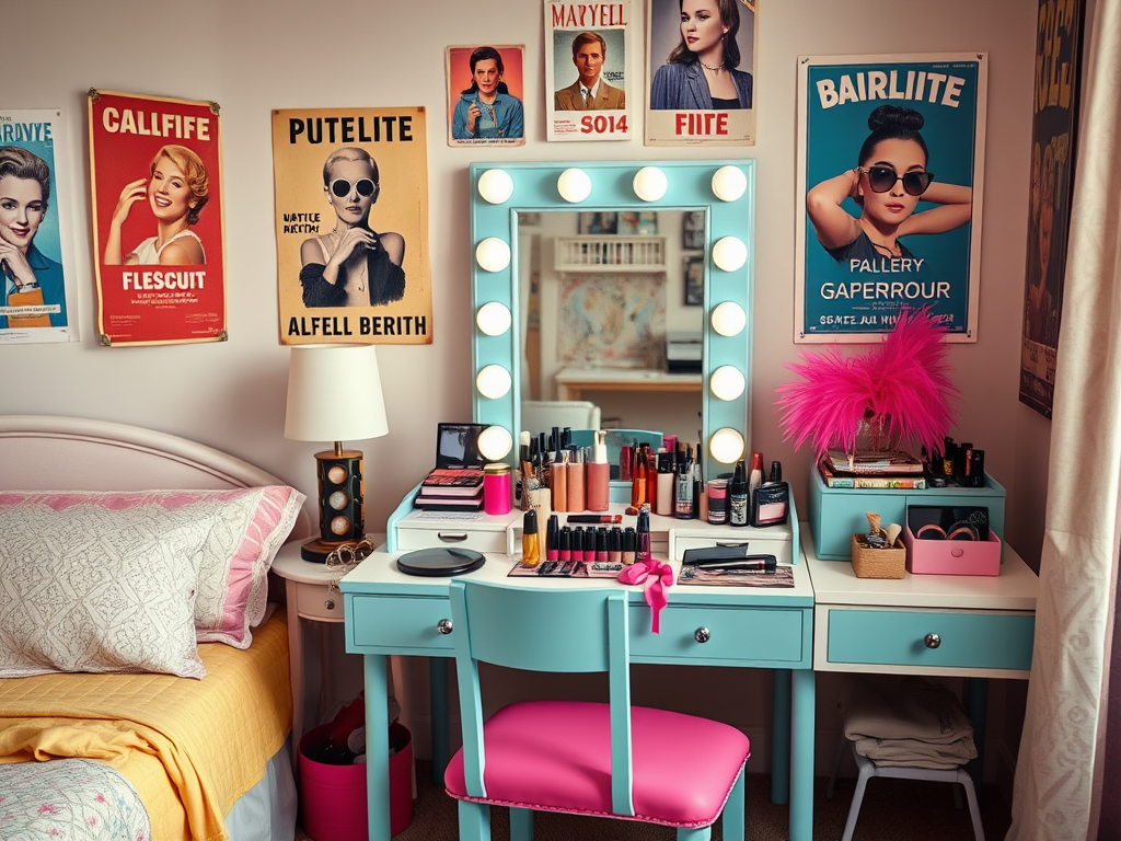 Une chambre féminine avec une coiffeuse colorée, des cosmétiques et des affiches rétro au mur.