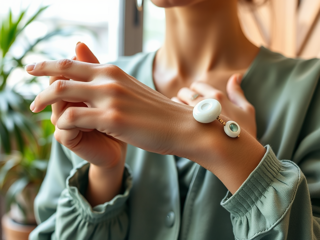 Une femme porte un bracelet élégant en pierres colorées tout en se tenant les mains dans un environnement lumineux.