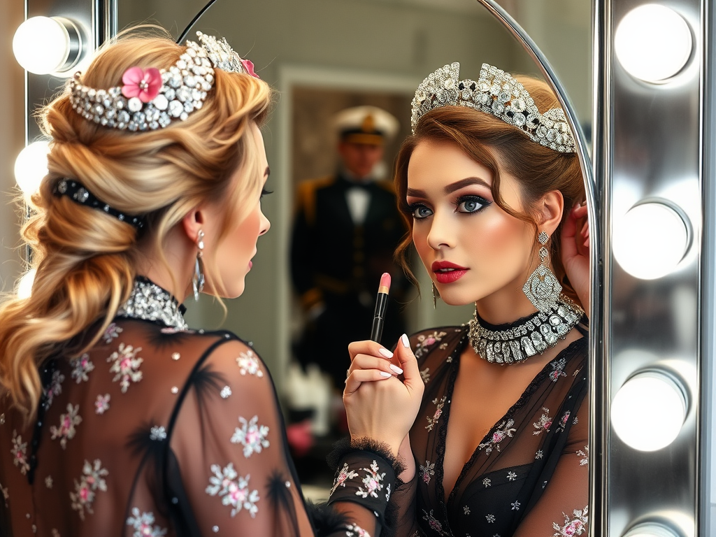 Une femme élégante se maquille devant un miroir, portant une couronne et des bijoux raffinés.