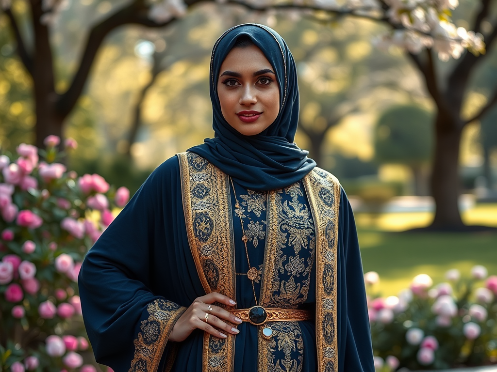 Une femme en hijab porte une robe élégante ornée de motifs dorés, debout parmi des fleurs roses.