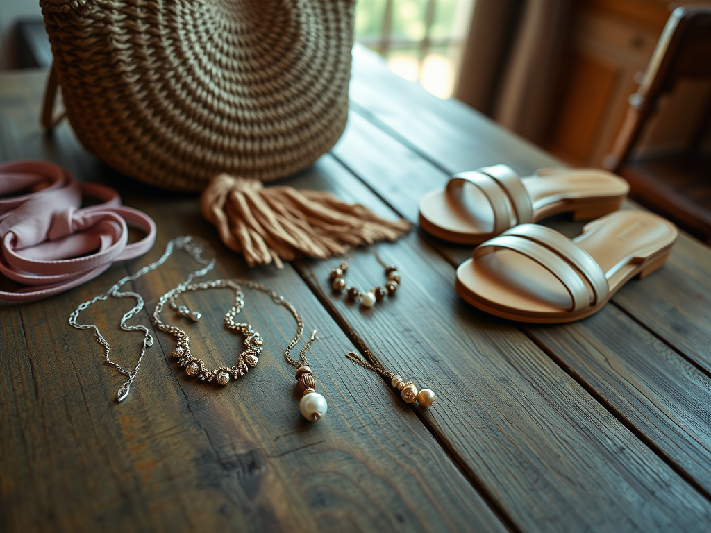 Accessoires élégants disposés sur une table : sac en osier, bijoux variés et sandales beige.