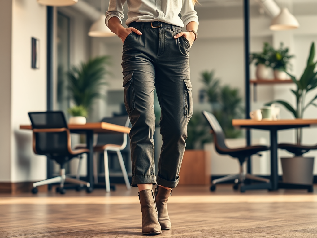 Une femme marche dans un bureau moderne, portant un pantalon cargo et des bottines, avec des plantes en arrière-plan.