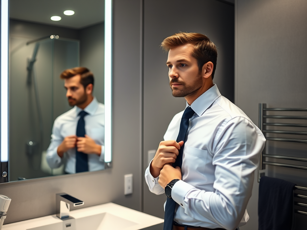 Un homme s'habille dans un miroir, ajustant sa cravate dans une salle de bain moderne.