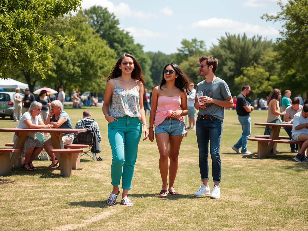 Trois jeunes gens marchent dans un parc ensoleillé, entourés de familles et d'amis assis à des tables.