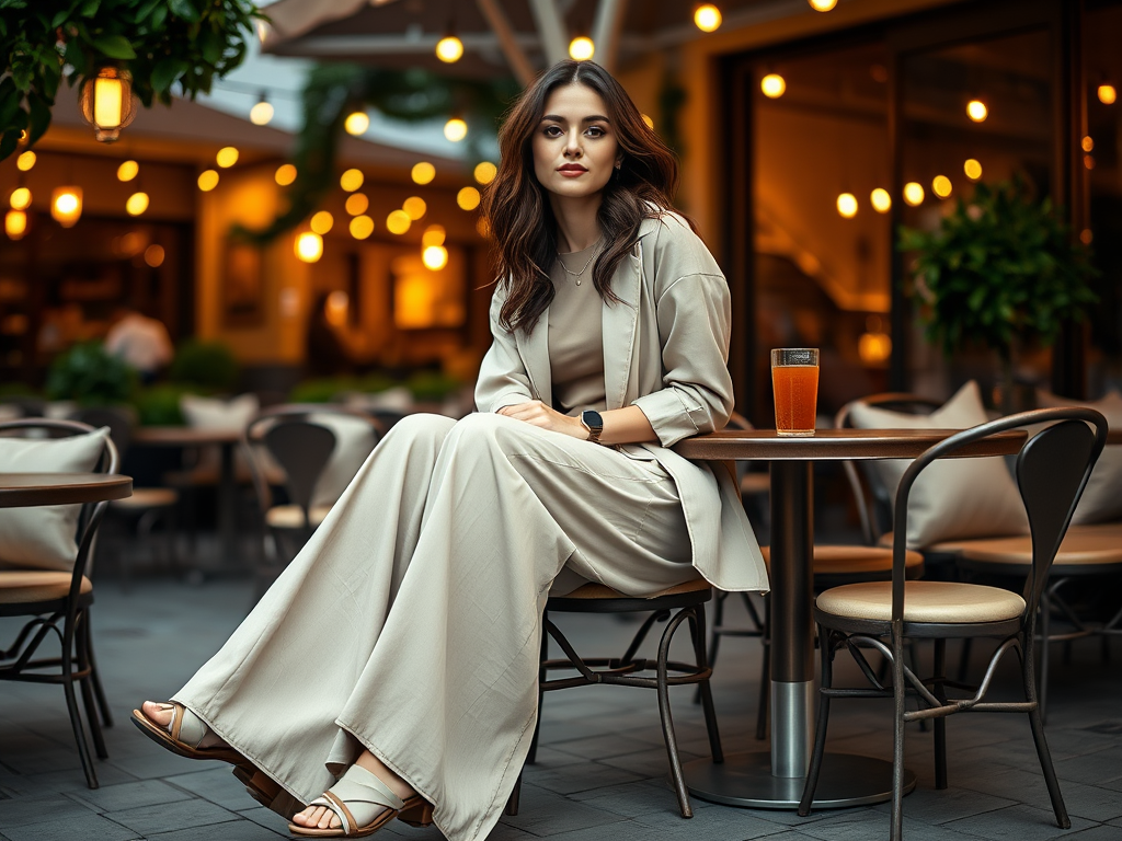 Une femme élégante assise à une table en plein air, portant un ensemble beige et un verre de boisson à ses côtés.