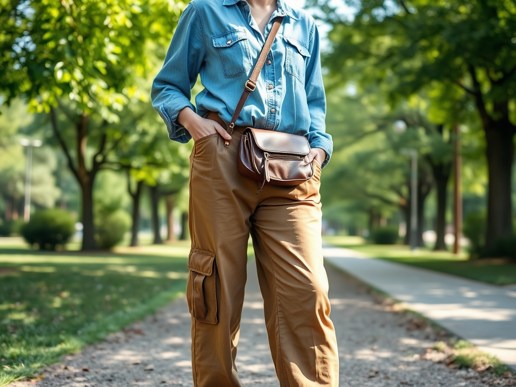 Une personne portant une chemise en jean et un pantalon beige se tient dans un parc verdoyant.