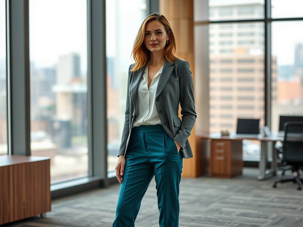 Une femme en costume professionnel se tient debout dans un bureau moderne avec de grandes fenêtres.