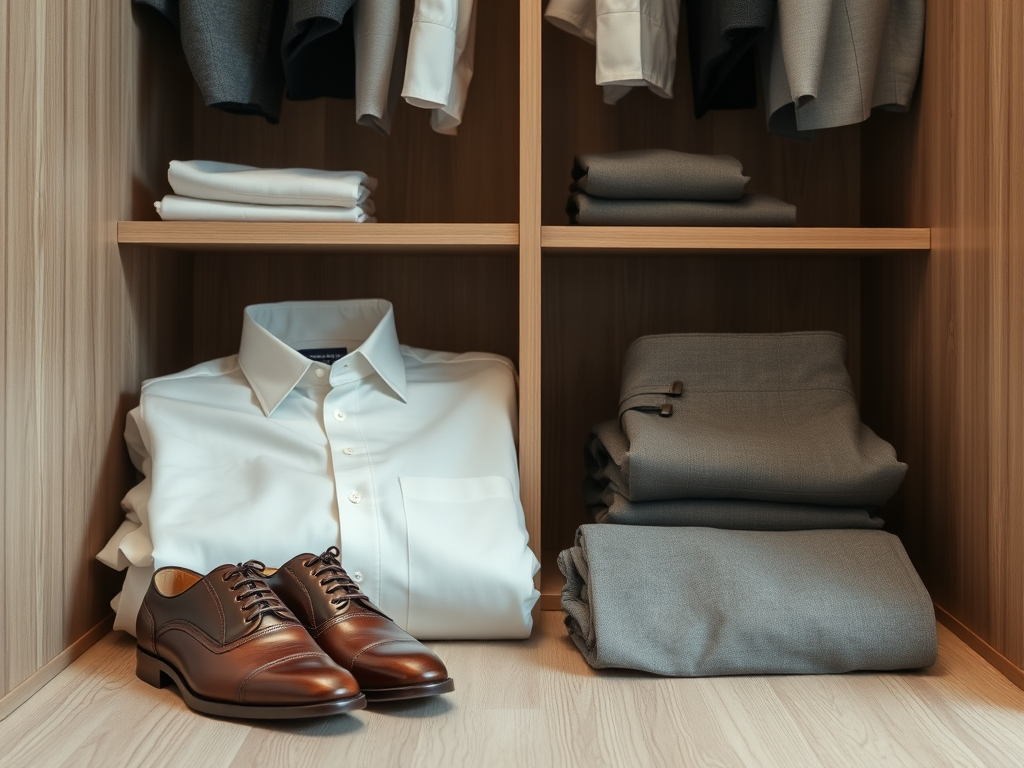 Une armoire bien organisée avec des vêtements pliés, une chemise blanche et des chaussures en cuir marron.