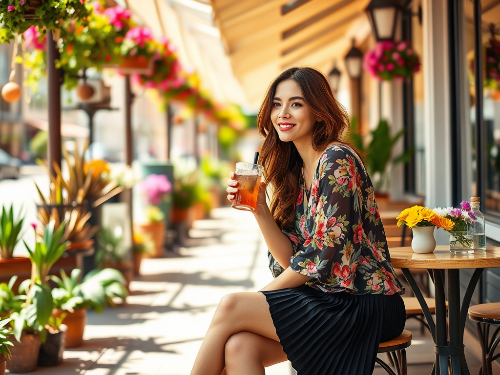 Femme souriante avec une boisson dans un café en plein air, entourée de fleurs et de plantes vertes.