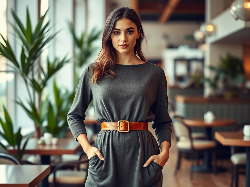 Une femme élégante porte une robe grise avec une ceinture marron, posant dans un café moderne.